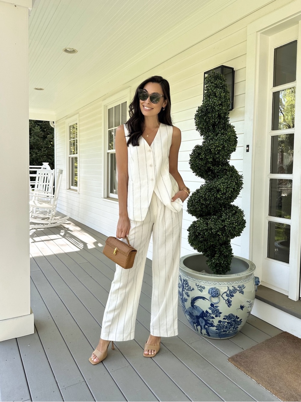 Sleeveless Cream Pinstripe Vest & Wide-Leg Pants Set